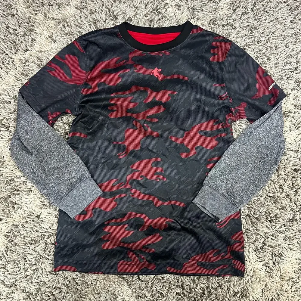 And1 Long Sleeve Layered Basketball Graphic Tech Shirt Red Camo Boys L 10 12